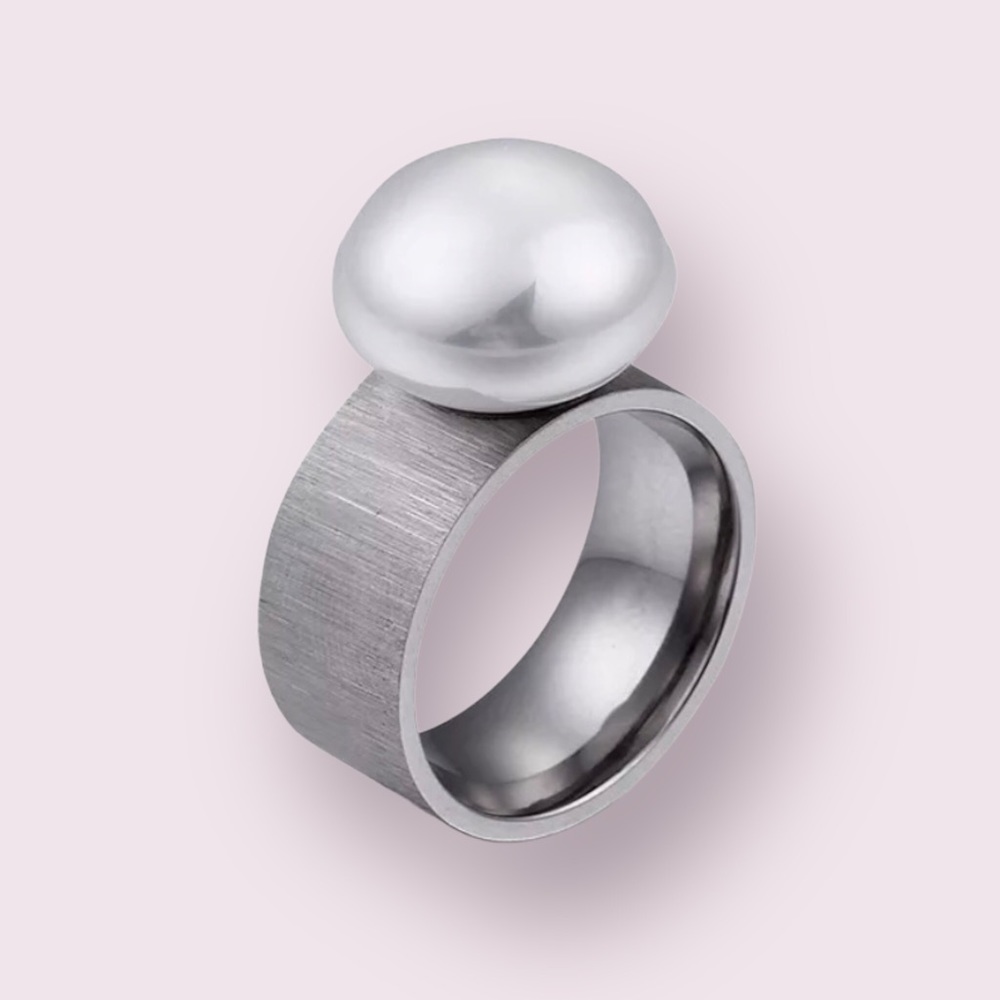 Stainless Steel Wide Ring w/ White Pearl
